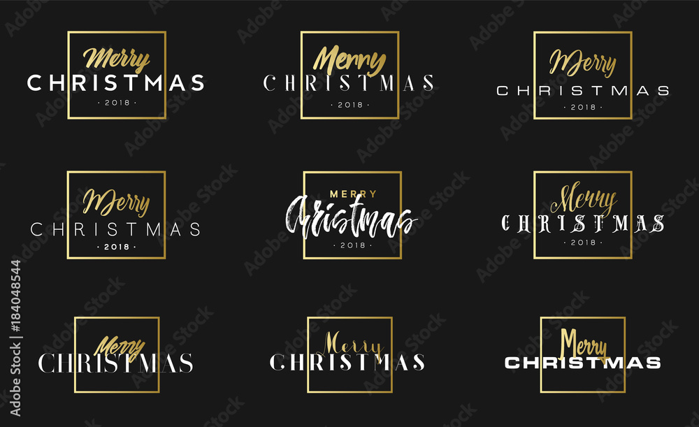 Set of Merry Christmas phrase in frame. Luxury black and golden color background. Premium vector illustration with typographic text set for winter holidays card poster, flyer or banner template