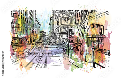 Watercolor splash with sketch of street San Francisco, California, USA in vector illustration.