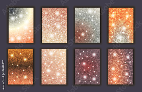 Card set with floral glowing decorative mandala elements background. Asian Indian oriental ornate banners