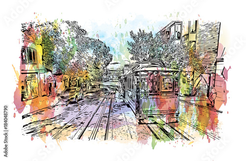 Watercolor splash with sketch of street San Francisco, California, USA in vector illustration.