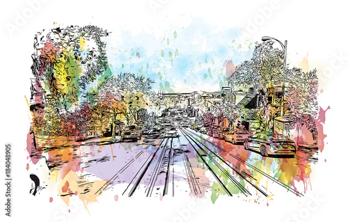 Watercolor splash with sketch of street San Francisco, California, USA in vector illustration.