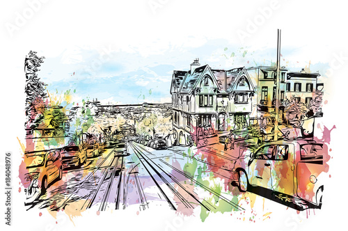 Watercolor splash with sketch of street San Francisco, California, USA in vector illustration.