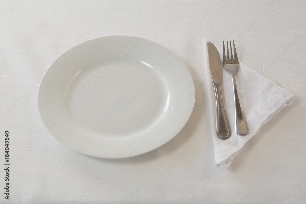 Plate, cutlery set and napkin on table