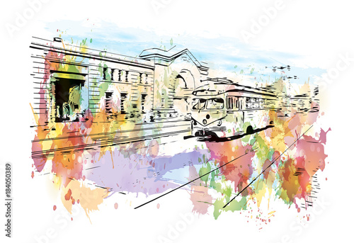 Watercolor splash with sketch of street San Francisco, California, USA in vector illustration.
