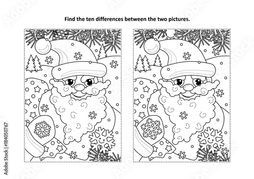 Winter holidays, New Year or Christmas themed find the ten differences picture puzzle and coloring page with Santa delivering presents in his sack full of toys and gifts
