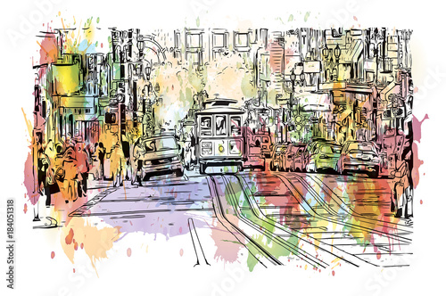 Watercolor splash with sketch of street San Francisco, California, USA in vector illustration.