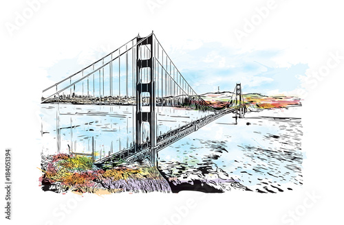 Watercolor splash with sketch of Golden Gate, San Francisco, California, USA. in vector illustration.