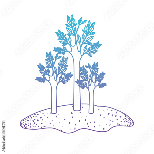 trees set in grassland in degraded blue to purple color silhouette vector illustration