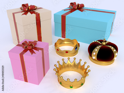 Reyes Magos crowns and gift boxes photo