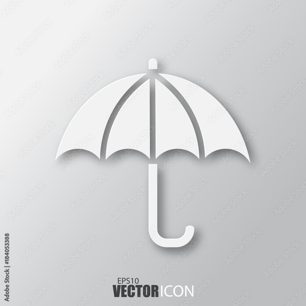 Umbrella icon in white style with shadow isolated on grey background.