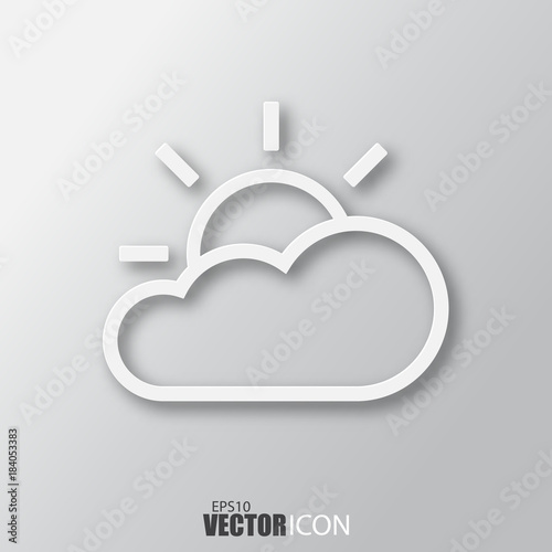 Sun with cloud icon in white style with shadow isolated on grey background.