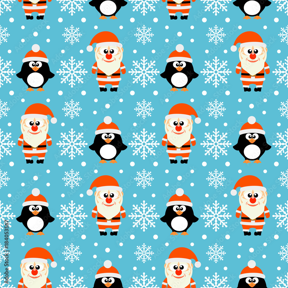 New Year seamless with many Santa Claus and penguins.Vector illustration