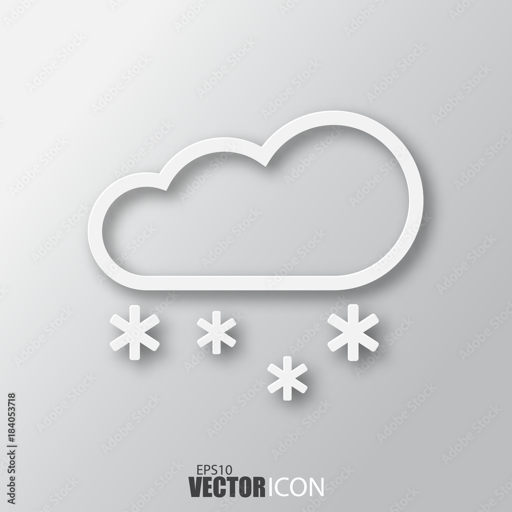 Cloud snow icon in white style with shadow isolated on grey background. Cloud snow icon in white style with shadow isolated on grey background.