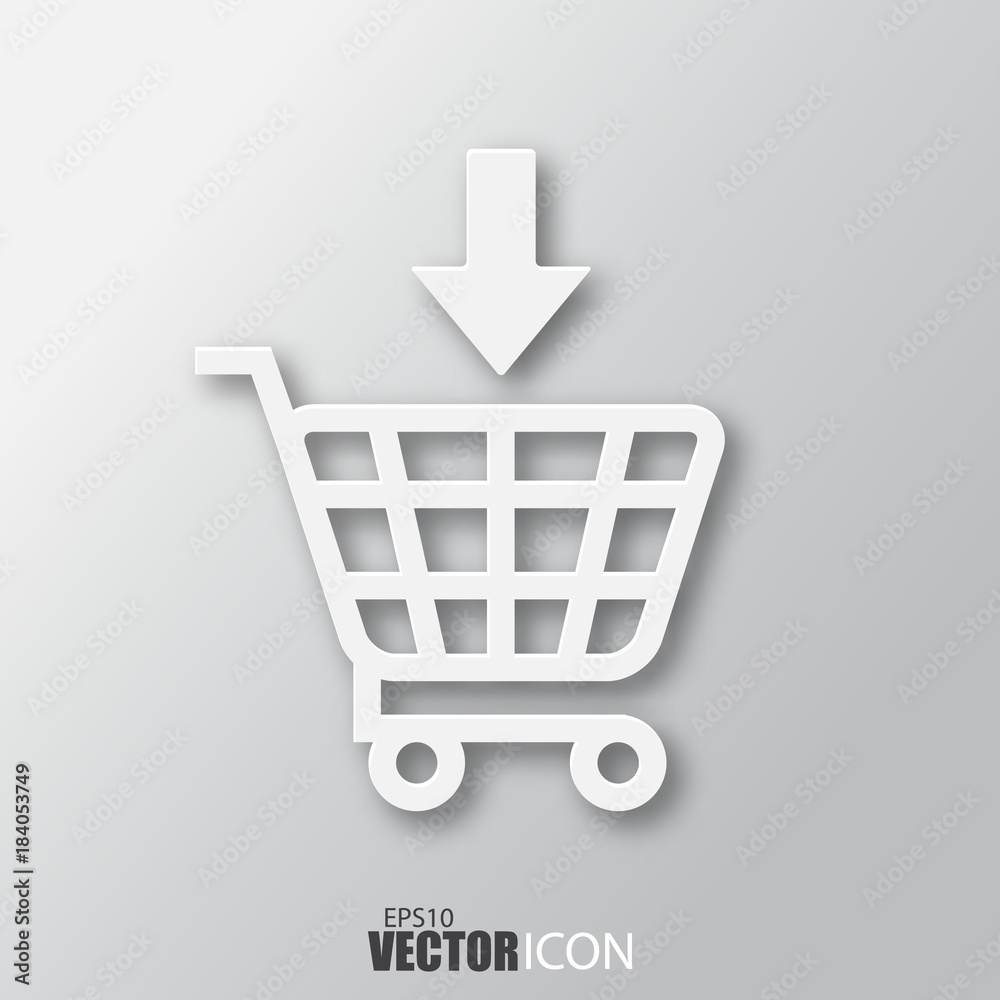 Add to shopping cart icon in white style with shadow isolated on grey background. Add to shopping cart icon in white style with shadow isolated on grey background.