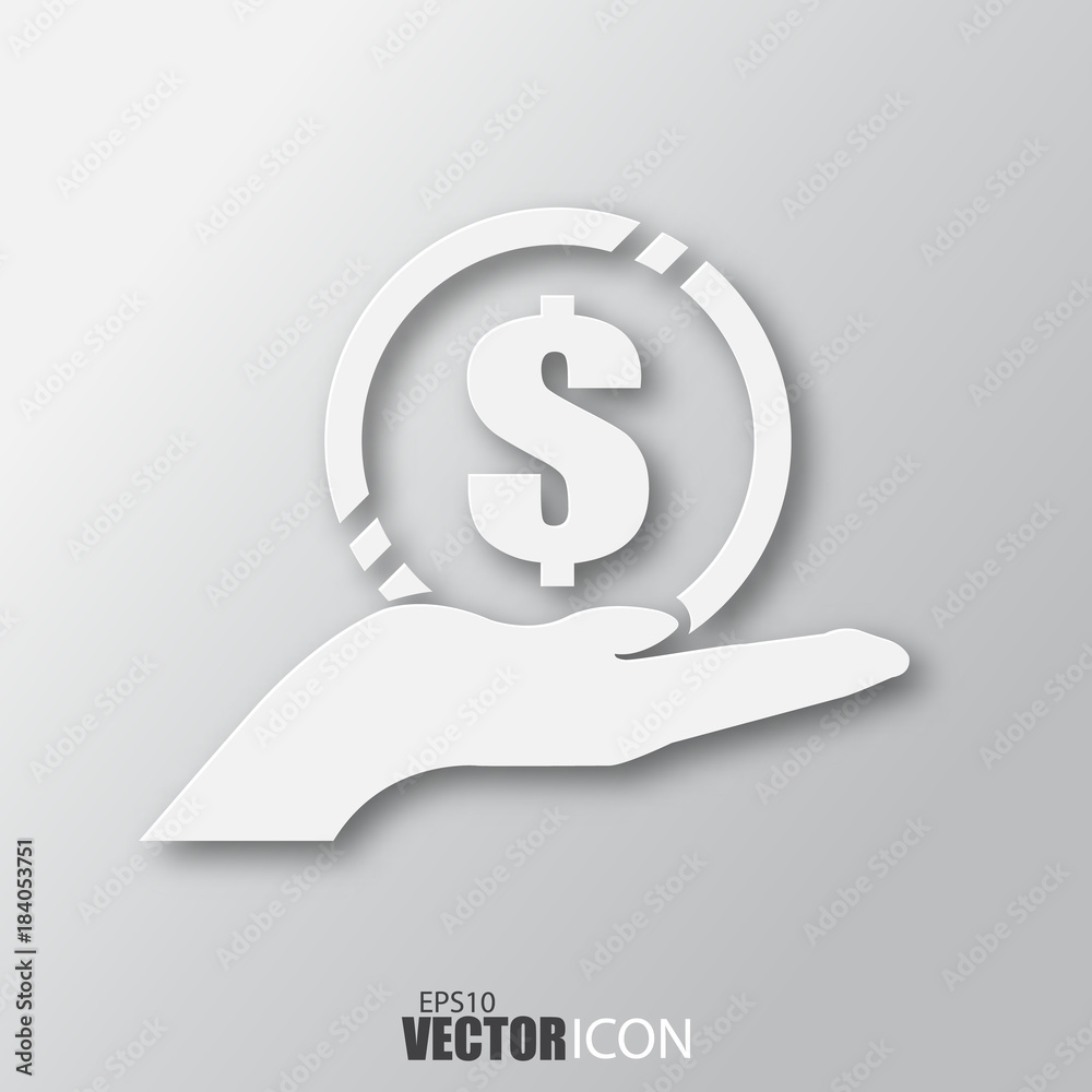 Money in hand icon in white style with shadow isolated on grey background. Money in hand icon in white style with shadow isolated on grey background.