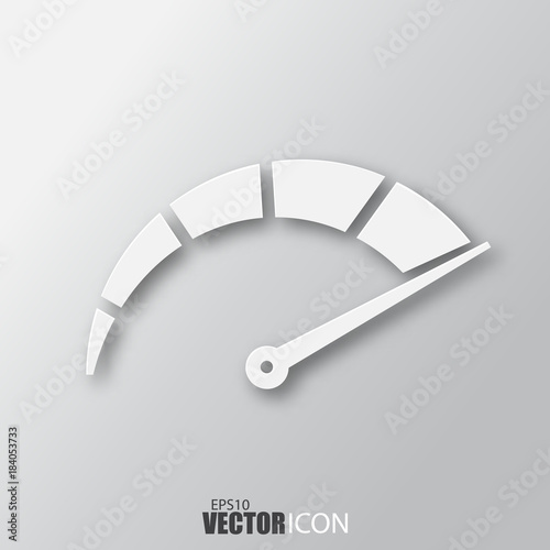 Speedometer icon in white style with shadow isolated on grey background.