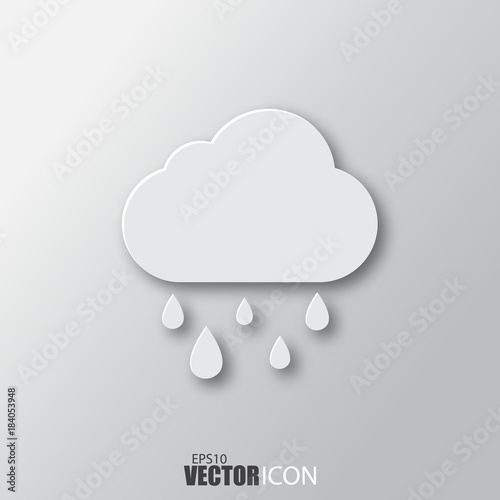 Cloud rain icon in white style with shadow isolated on grey background.