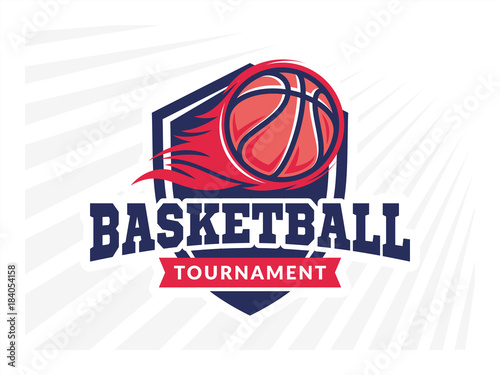 Basketball tournament logo, emblem, designs with basketball ball, flame and shield on a light background