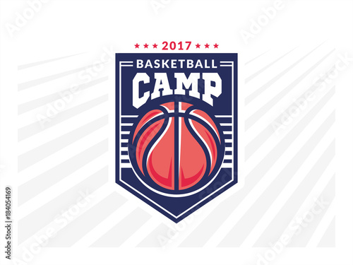 Basketball camp logo, emblem, designs with basketball ball and shield on a light background