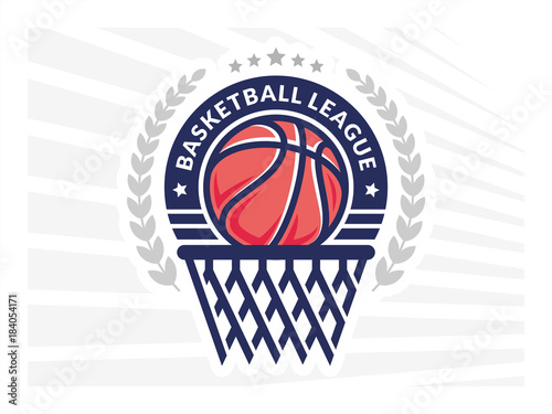 Basketball league logo, emblem, designs with basketball ball in basket on a light background