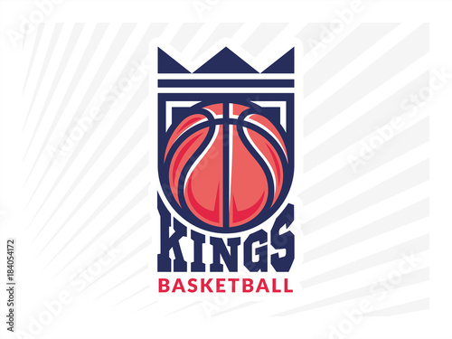 Basketball kings team logo, emblem, designs with crown, shield and basketball ball on a light background