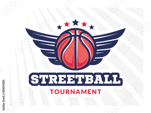 Streetball tournament logo, emblem, designs with wings and a basketball ball on a light background