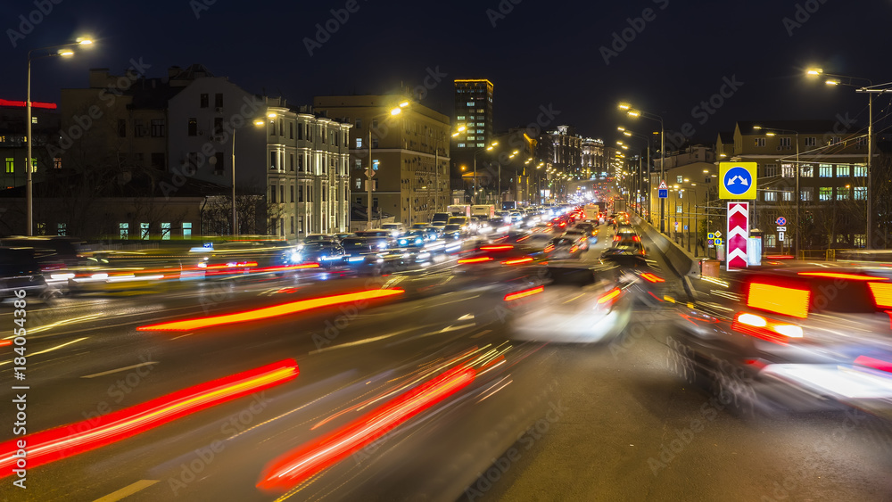 night traffic on the urban thoroughfare   and road junction