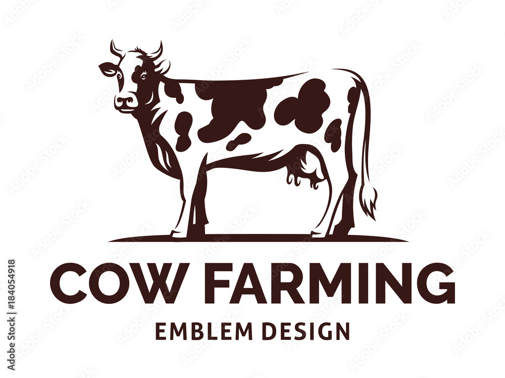Figure of a cow with horns standing on the ground - farming emblem, logo design, illustration
