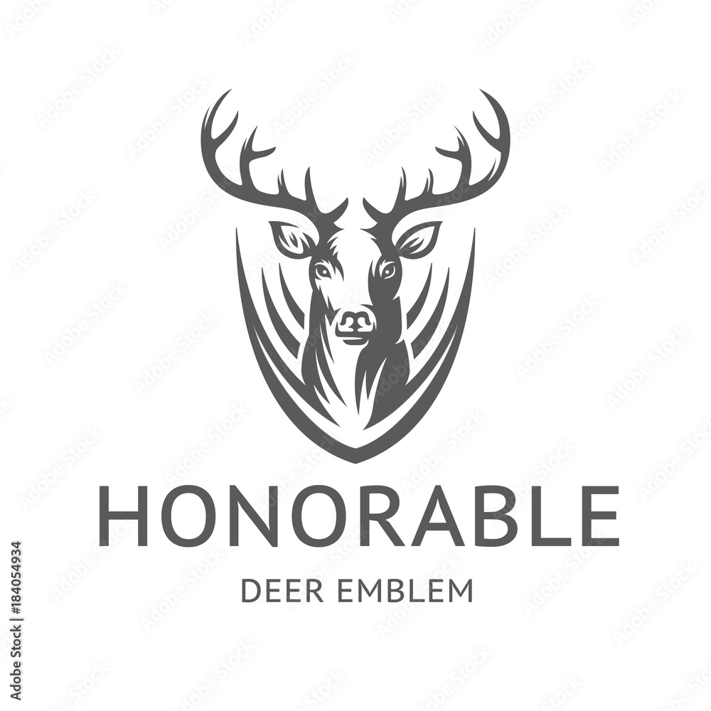 Fototapeta premium Honorable Deer emblem, illustration, logotype - head of a deer with horns, on a with background.