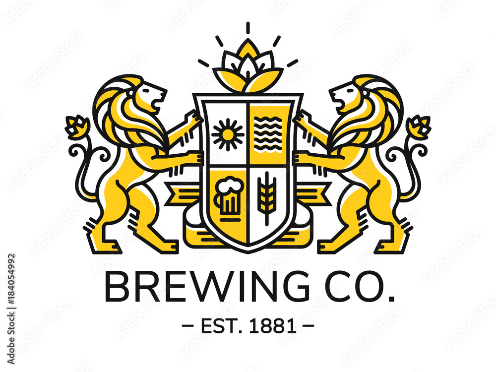 Brewing emblem heraldry line style with lion, shield and crown - vector illustration, logo design on white background Brewing emblem heraldry line style with lion, shield and crown - vector illustration, logo design on white background
