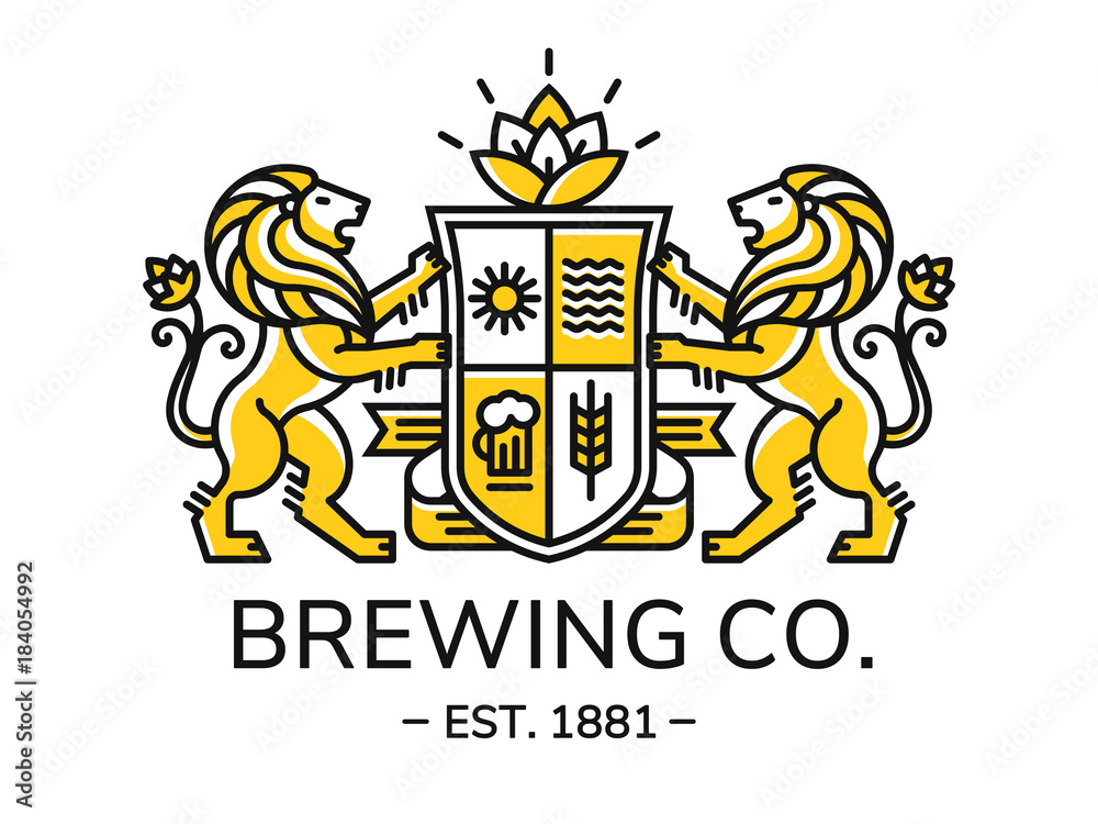 Brewing emblem heraldry line style with lion, shield and crown - vector illustration, logo design on white background