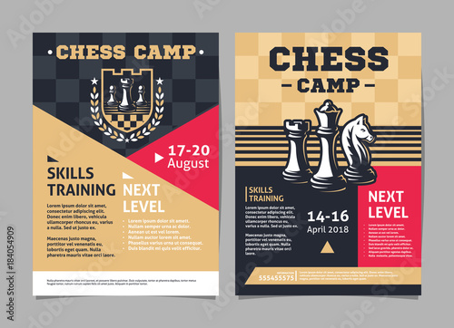 Chess camp posters, flyer with chess figures - template vector design