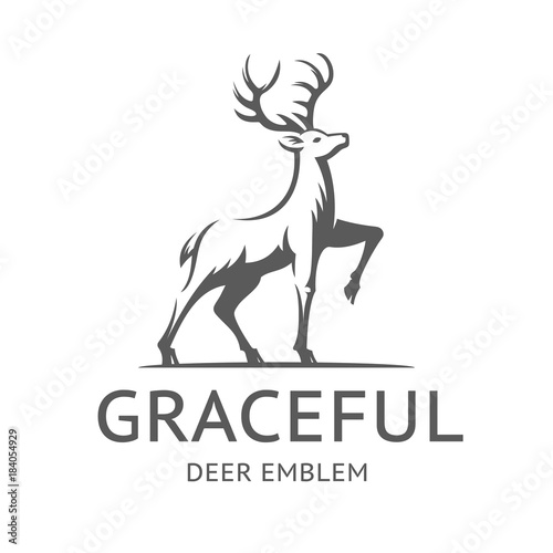 Graceful Deer emblem, illustration, logotype - deer gracefully lifted his leg and proudly looks up, on a with background.