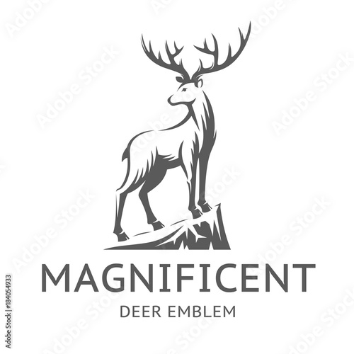 Magnificent Deer emblem, illustration, logotype - the deer stands on the edge of the cliff, on a with background.