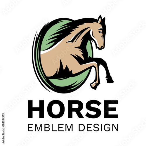 The horse jumps out of the oval - emblem, illustration. logotype on a white background