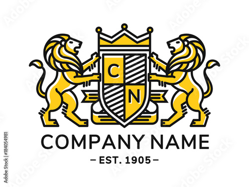 Lion heraldry emblem modern line style with a shield and crown - vector illustration, logo design on white background