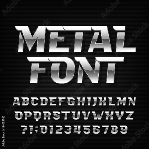 Metal alphabet font. Chrome effect futuristic oblique letters and numbers on a dark background. Stock vector typeface for your headers or any typography design.