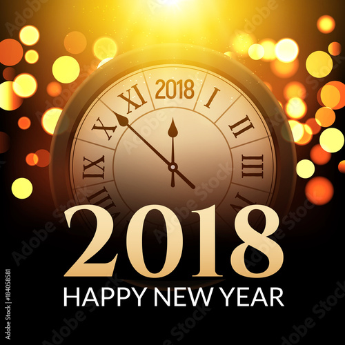 2018 new year shining background with clock. Happy new year 2018 celebration decoration poster, festive card template photo