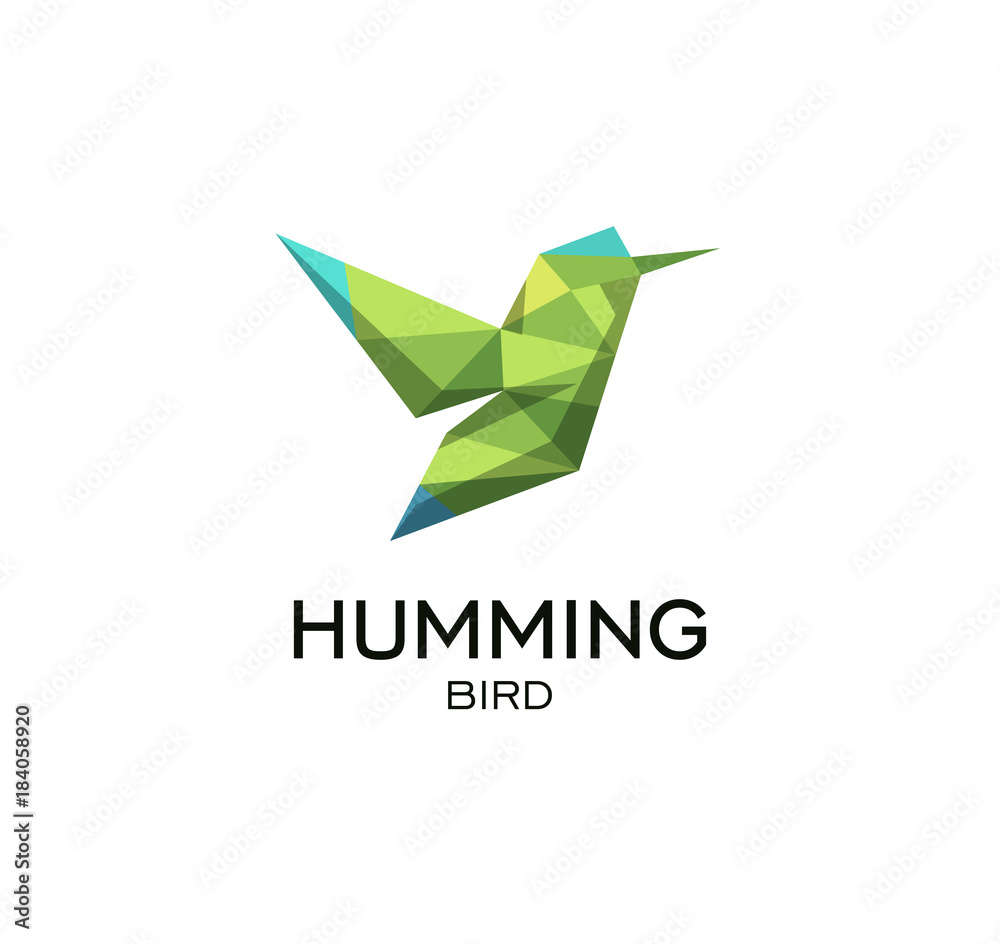 Hummig bird geometrical sign, calibri abstract polygonal vector logo template. Origami green color low poly wild animal icon. Hummig bird geometrical sign, calibri abstract polygonal vector logo template. Origami green color low poly wild animal icon.