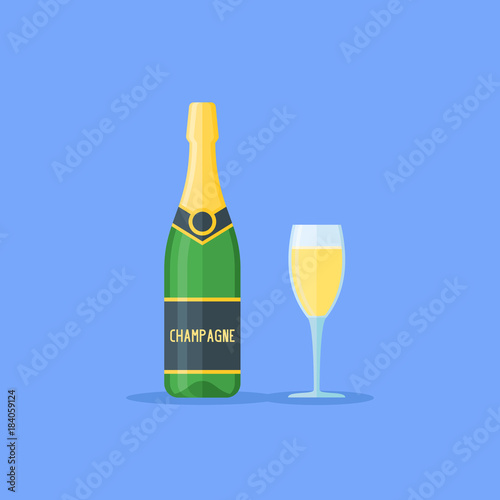 Bottle and glass of champagne isolated on blue background. Flat style vector illustration.