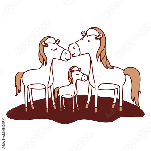 horses couple and foal over grass in color sections silhouette vector illustration