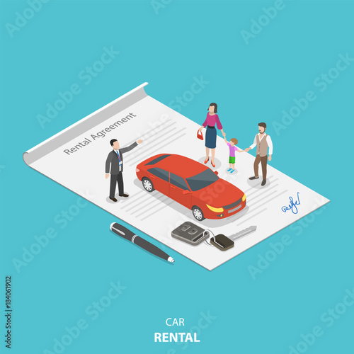 Vehicle rental flat isometric vector concept. Rental agent is describing the car rental condition to the young family standing on the rental agreement.