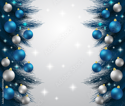 Merry Christmas,New year card and glitter decoration. blue and white background with  christmas balls.illustration.