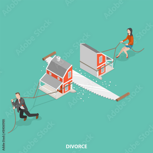 Divorce flat isometric vector concept. Man and a woman are dragging their half of the sawn house.