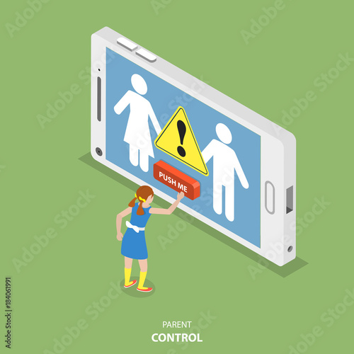 Parent control flat isometric vector. Teen girl is pushing a red button on the screen of the smartphone but in this moment are appearing abstract silhouettes of the parents with the WARNING sign.