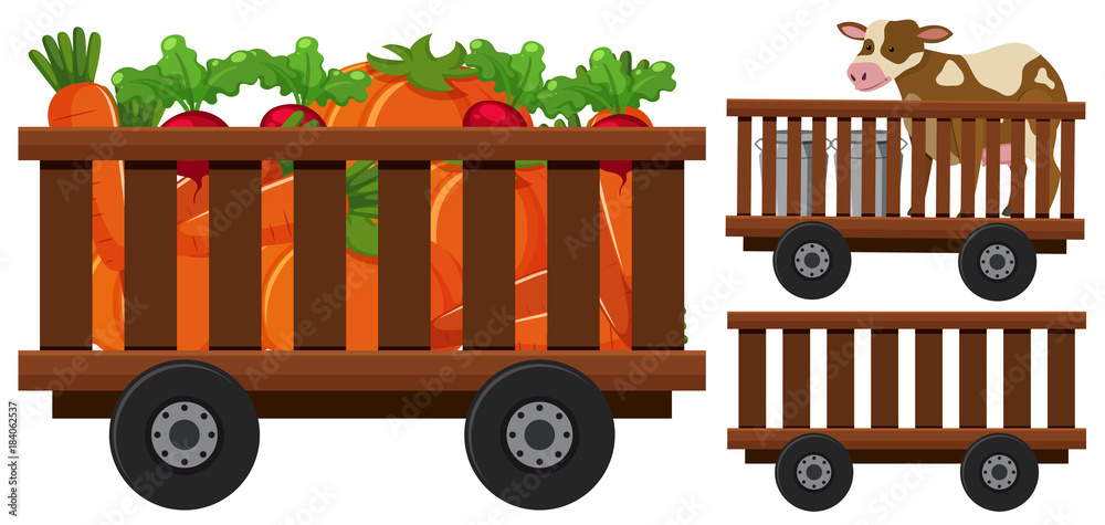 Fototapeta premium Vegetables and cow in the wooden wagons