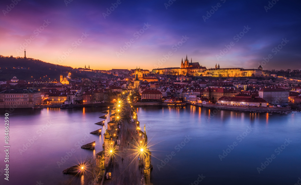 Sunset over the Charles Bridge in Prague, Czech Republic