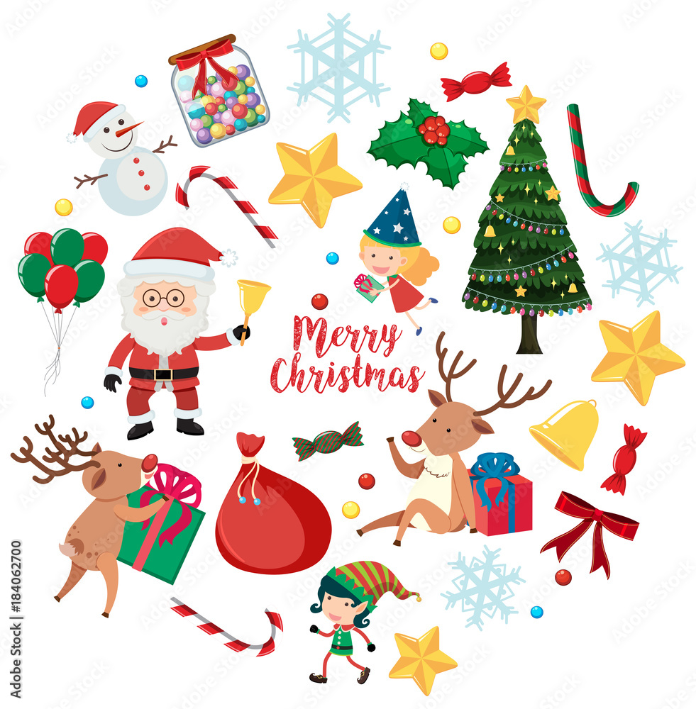 Christmas characters and ornaments on white background Christmas characters and ornaments on white background