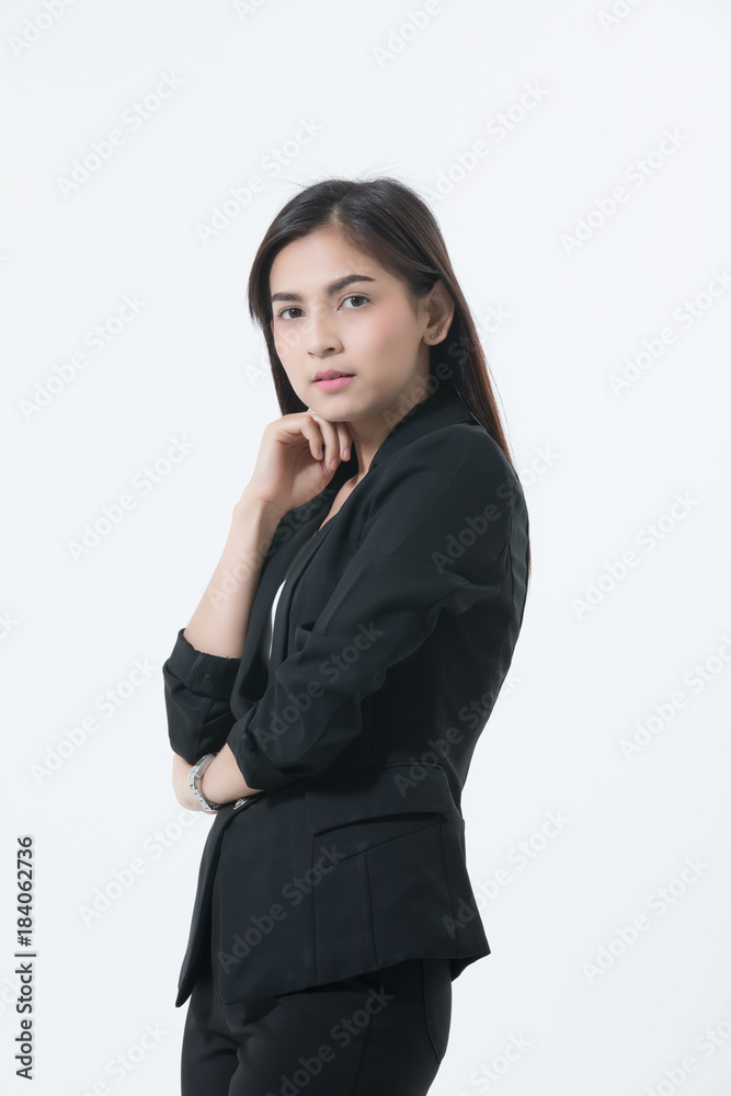 Asian business women are smiling and Thump up hand sign for working happy and Success and winning concep on white background Asian business women are smiling and Thump up hand sign for working happy and Success and winning concep on white background