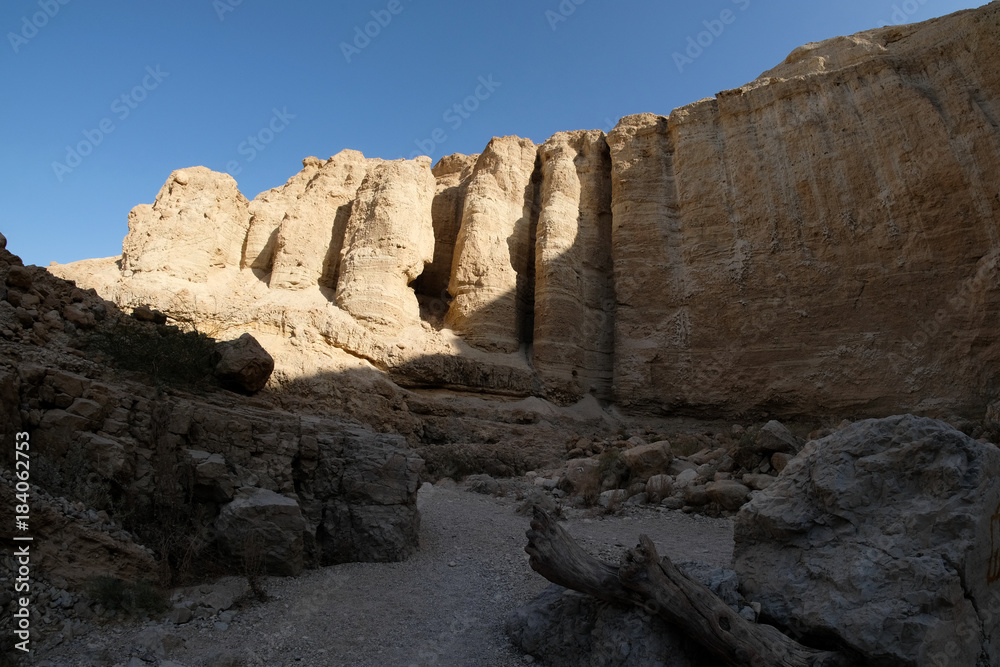 Scenic pillars in wadi Zohar canyon in Judea desert near Dead Sea.